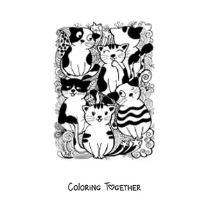 Coloring page of cartoon cats and doodles