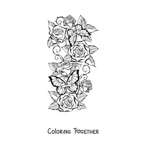 Coloring page of several beautiful roses with two butterflies