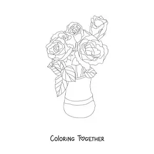 Coloring page of a vase with beautiful roses