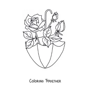Coloring page of a rose and two rosebuds inside a parasol