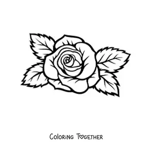 Coloring page of a large simple rose with leaves