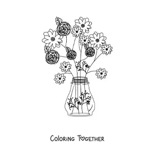 Coloring page of a vase with four roses and other flowers