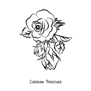 Coloring page of a large simple rose with leaves