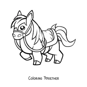 Coloring page of a kawaii saddled horse lifting one leg