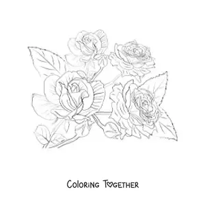 Coloring page of four pretty realistic roses with leaves