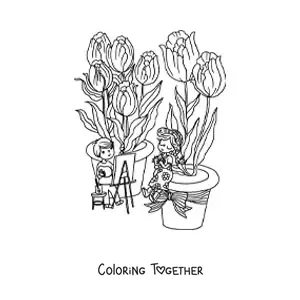 Coloring page of several tulips and two kawaii children