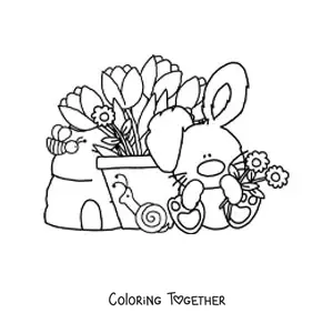 Coloring page of a kawaii cartoon rabbit with tulips and flowers