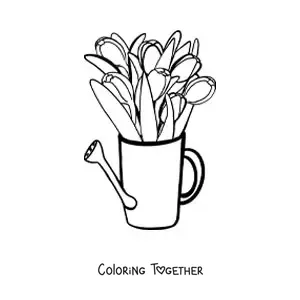 Coloring page of a bouquet of tulips in a watering can