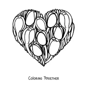 Coloring page of a heart of tulips