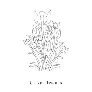 Coloring page of several tulips with leaves