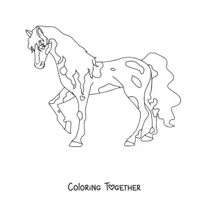 Coloring page of a spotted horse lifting one leg