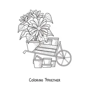 Coloring page of a cart with daisies
