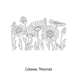 Coloring page of a field of daisies