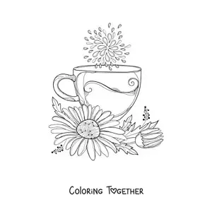 Coloring page of a teacup with a daisy