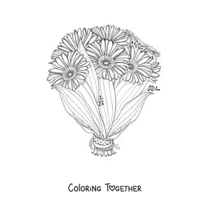 Coloring page of a bouquet of daisies with leaves