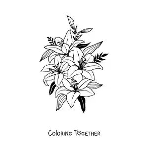 Coloring page of several beautiful lilies with leaves