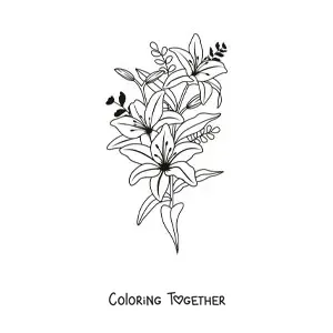 Coloring page of three beautiful lilies with leaves