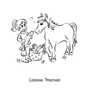 Coloring page of a girl feeding a horse a huge carrot