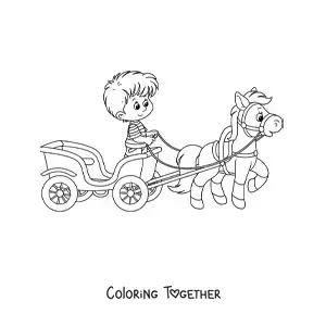 Coloring page of a boy on a carriage pulled by a horse