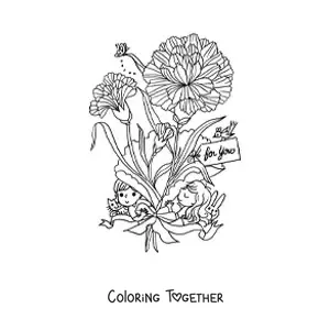 Coloring page of carnations with kawaii kids