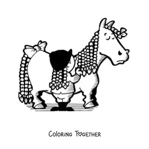 Coloring page of a girl with braids brushing the long braided mane of a horse