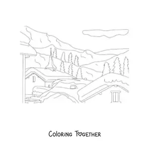 Coloring page of a landscape of snowy houses