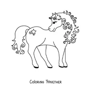 Coloring page of a pony looking back with a star on its thigh