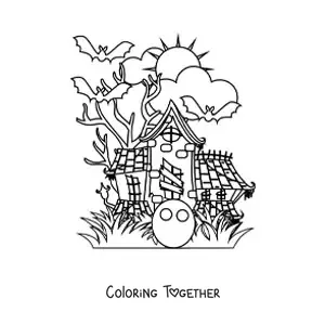 Coloring page of a haunted house at night