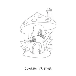 Coloring page of a mushroom-shaped gnome house with a chimney