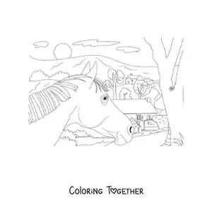 Coloring page of a country house with a horse