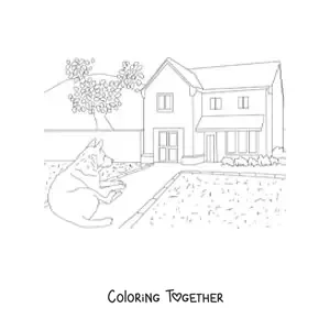 Coloring page of a house with a dog and a garden