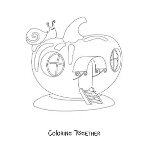 Coloring page of a fairy house in an apple