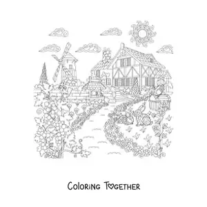 Coloring page of a country house with a windmill