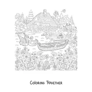 Coloring page of a house in the forest with a lake and swans