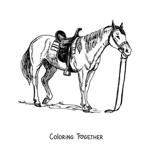 Coloring page of a saddled horse with loose reins
