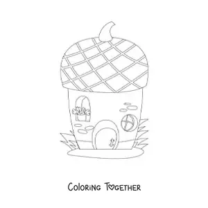 Coloring page of a fairy house in an acorn