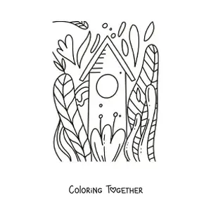 Coloring page of a pretty house with a garden