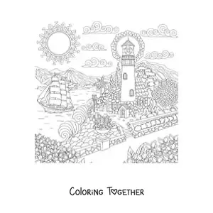 Coloring page of a house by the sea near a lighthouse