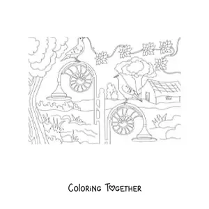 Coloring page of a country house with a garden