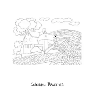 Coloring page of an eagle near a house