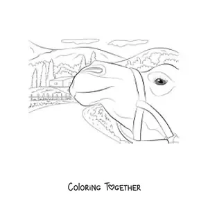 Coloring page of a camel with a house in the background