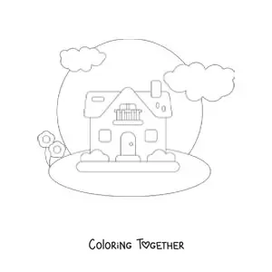 Coloring page of a house with a chimney and balcony