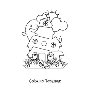 Coloring page of a house of horror with ghosts