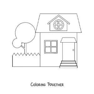 Coloring page of a simple house with a patio