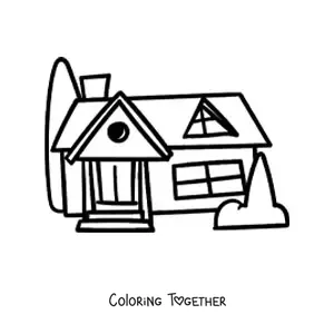 Coloring page of a simple house with bushes