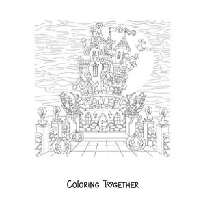 Coloring page of a haunted castle with witches and ghosts