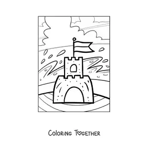 Coloring page of a sandcastle on the beach