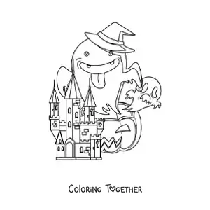 Coloring page of a castle of horror with ghosts