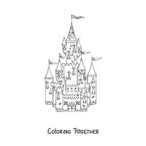 Coloring page of a princess castle with towers and flags