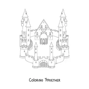 Coloring page of a castle with a wall